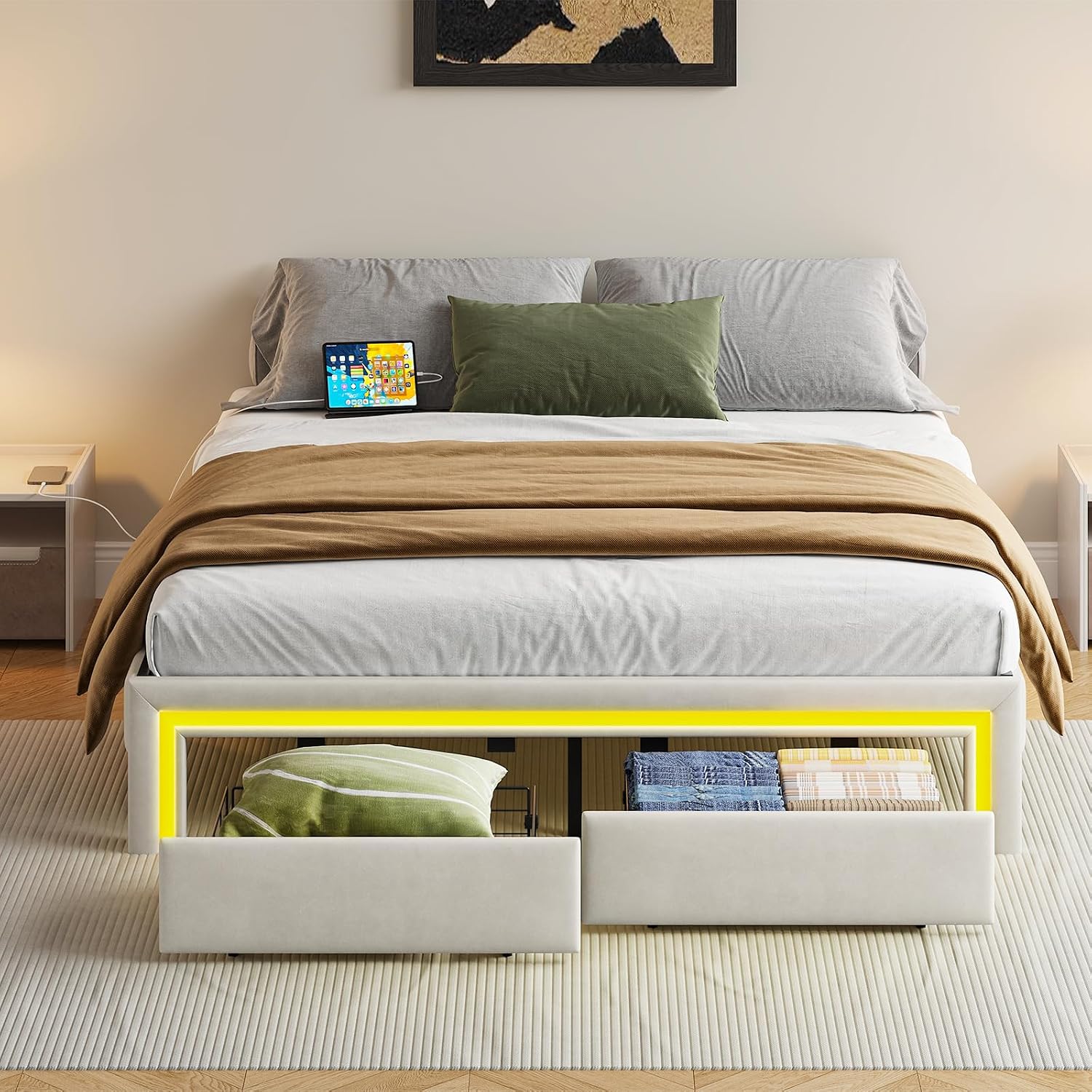 HOOBRO Queen Bed Frame with LED Lights, Charging Station & 2 Storage Drawers, Upholstered Platform Bed, Cream White