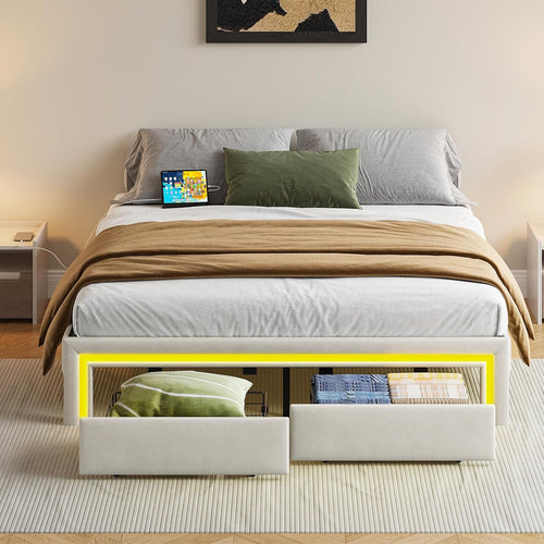 HOOBRO Queen Bed Frame with LED Lights, Charging Station & 2 Storage Drawers, Upholstered Platform Bed, Cream White
