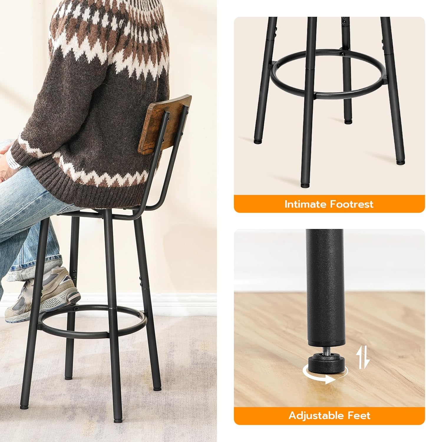 HOOBRO Bar Stools Set of 2 with Backrest & Footrest, Industrial Counter Height Bar Chairs, Rustic Brown & Black BF32BY01G2