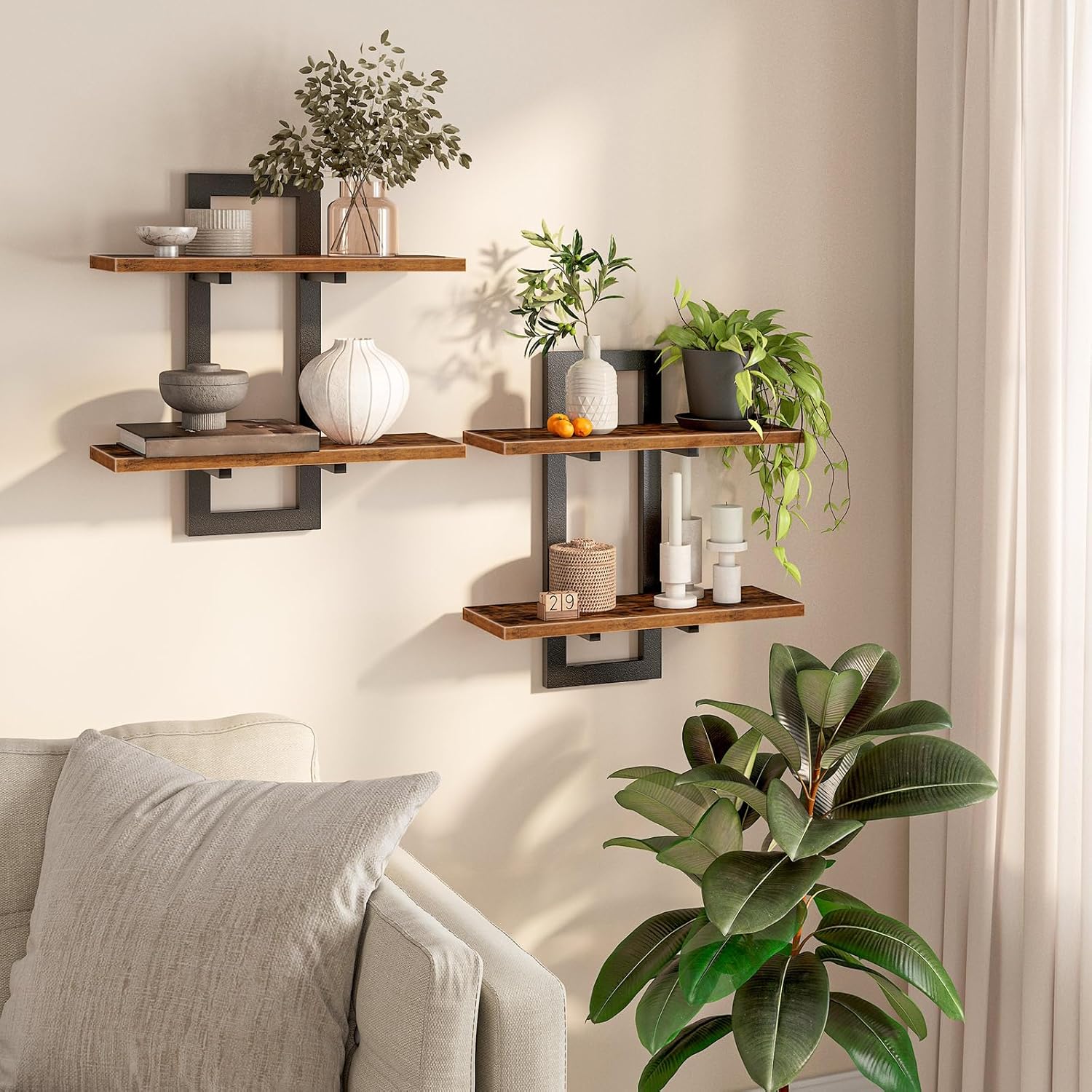 HOOBRO Floating Shelves Set of 2, 2-Tier Wall Mounted Storage Shelves, Rustic Brown & Black