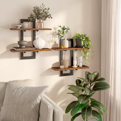 HOOBRO Floating Shelves Set of 2, 2-Tier Wall Mounted Storage Shelves, Rustic Brown & Black