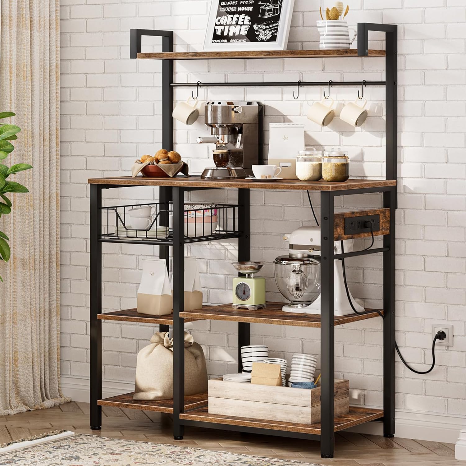 HOOBRO Kitchen Baker's Rack with Power Outlet, Coffee Bar & Microwave Stand, 6-Tier Storage Shelf with Mesh Basket and Hooks, Rustic Brown & Black