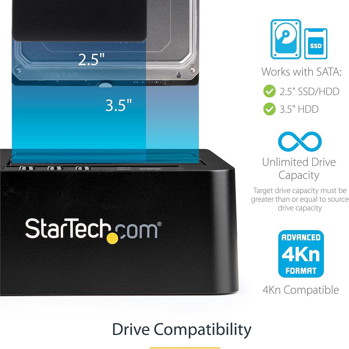 StarTech Dual-Bay SATA HDD/SSD Duplicator & Docking Station, Standalone Hard Drive Cloner with USB 3.0 & eSATA