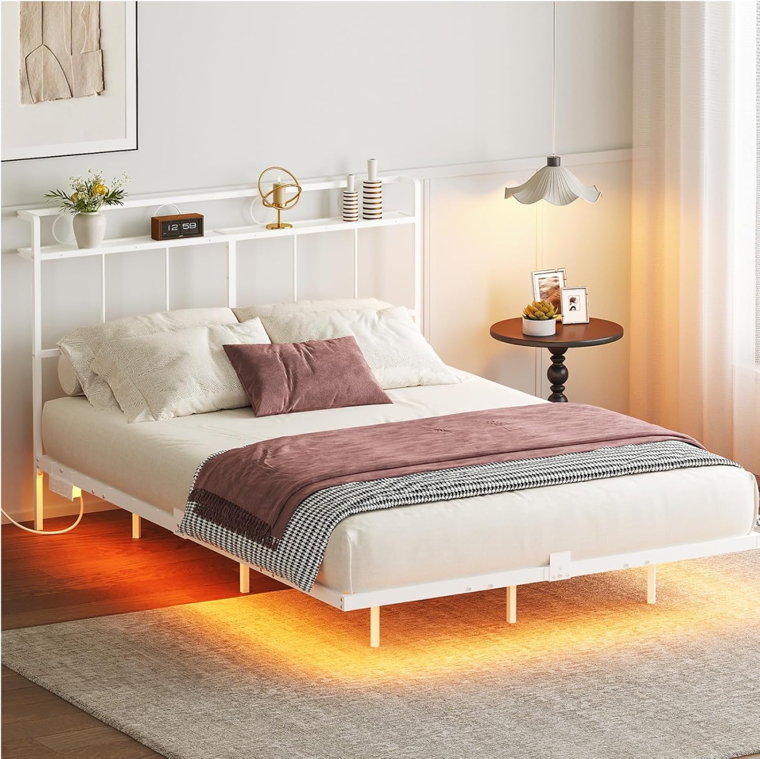 HOOBRO Full Size Floating Bed Frame with Charging Station, LED Light Strip & Headboard, White