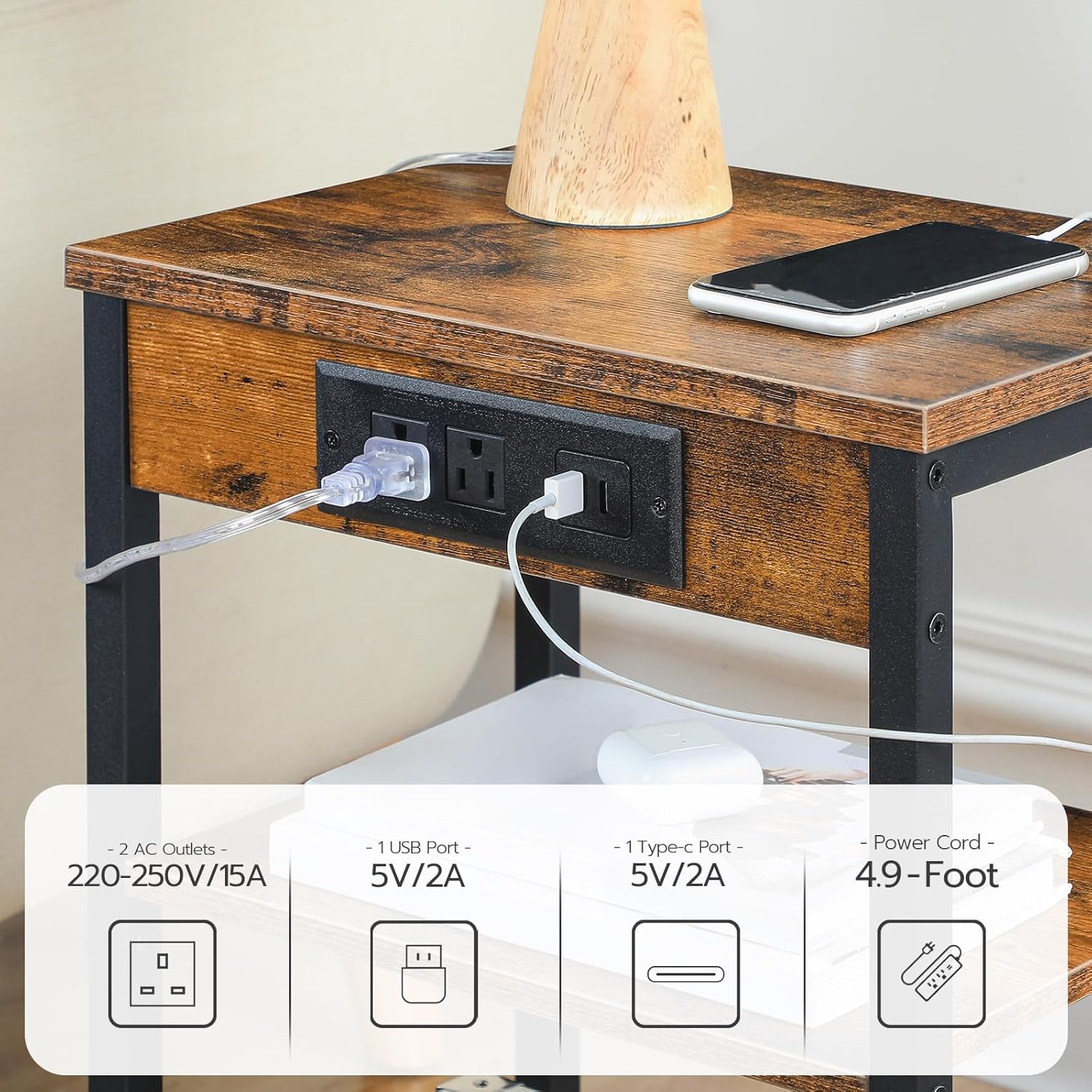 HOOBRO End Table with Charging Station, 3-Tier Nightstand with Adjustable Shelf, Rustic Brown BF112BZ01
