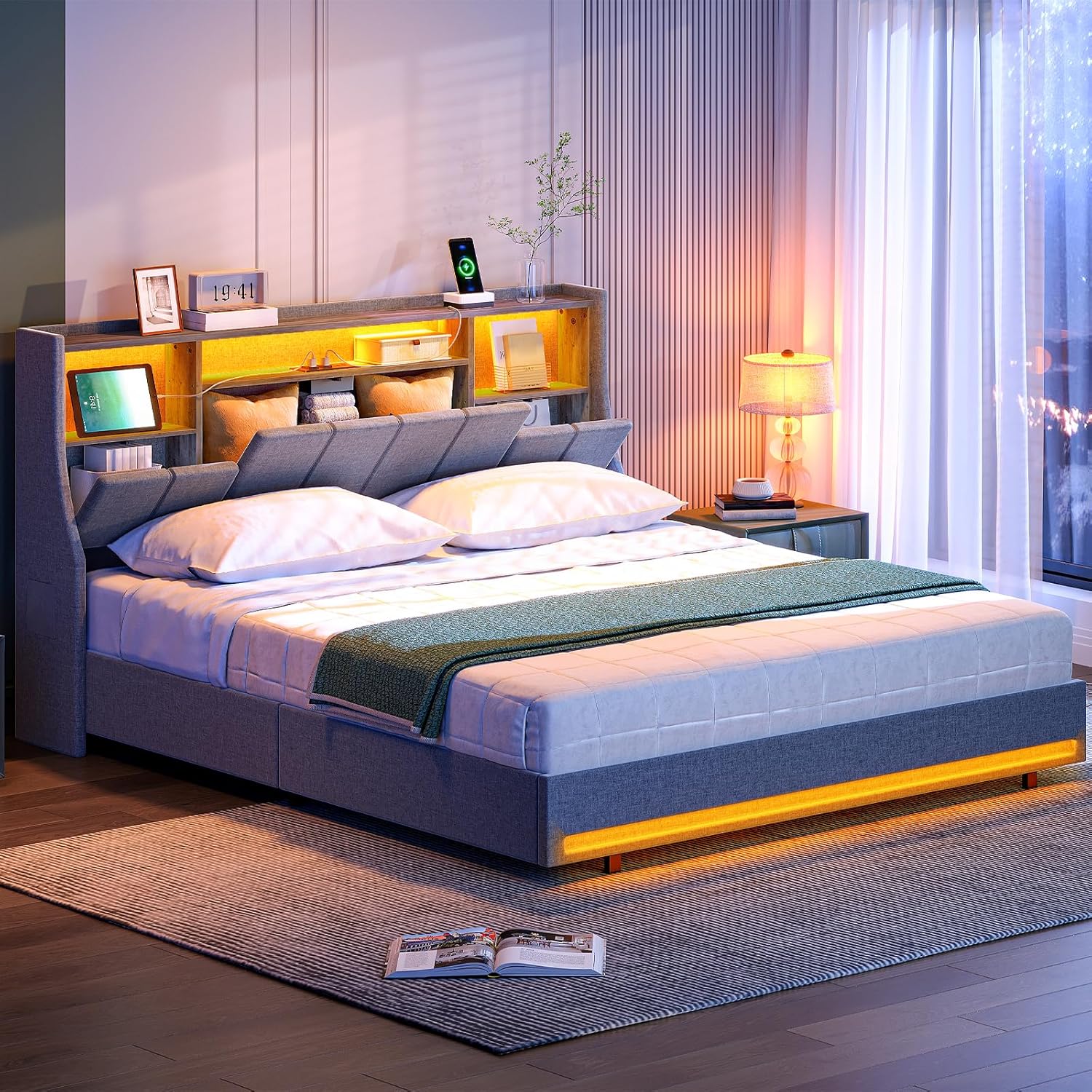 HOOBRO Full Size Upholstered Bed Frame with Storage Headboard, LED Lights & Charging Station, Gray
