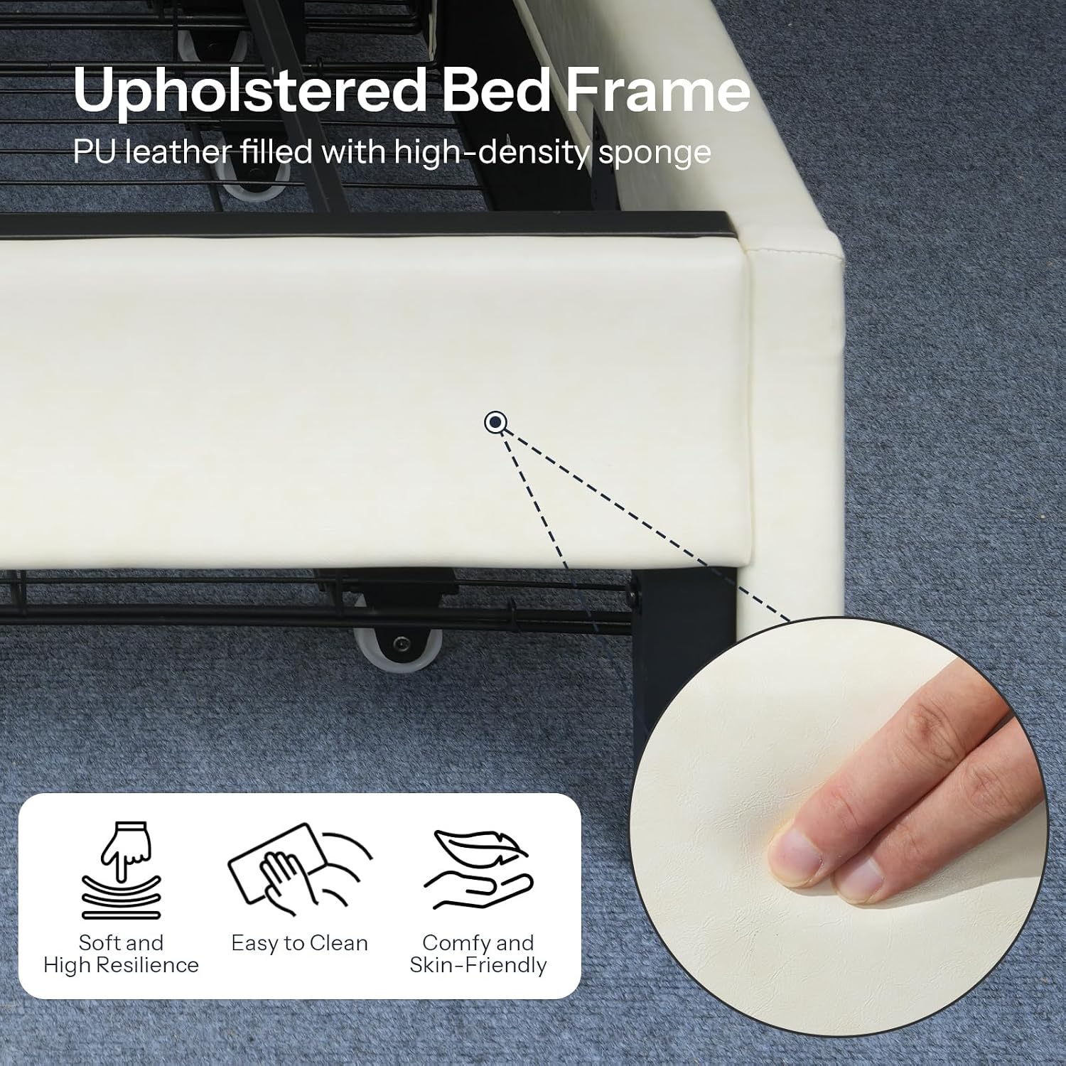 HOOBRO Queen Bed Frame with LED Lights, Charging Station & 2 Storage Drawers, Upholstered Platform Bed, Cream White