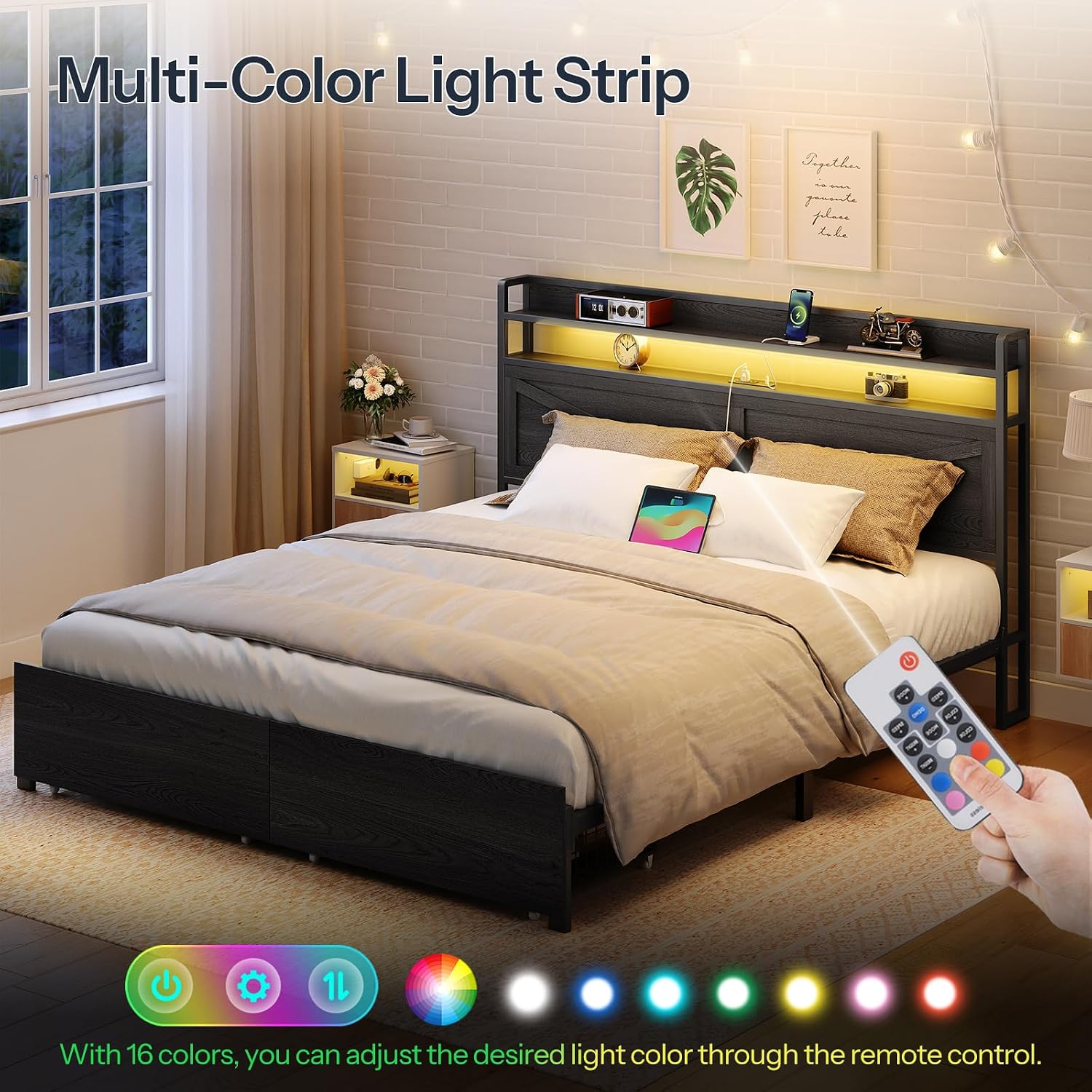 HOOBRO Queen Size LED Bed Frame with Charging Station, Storage Headboard & 2 Drawers, Black