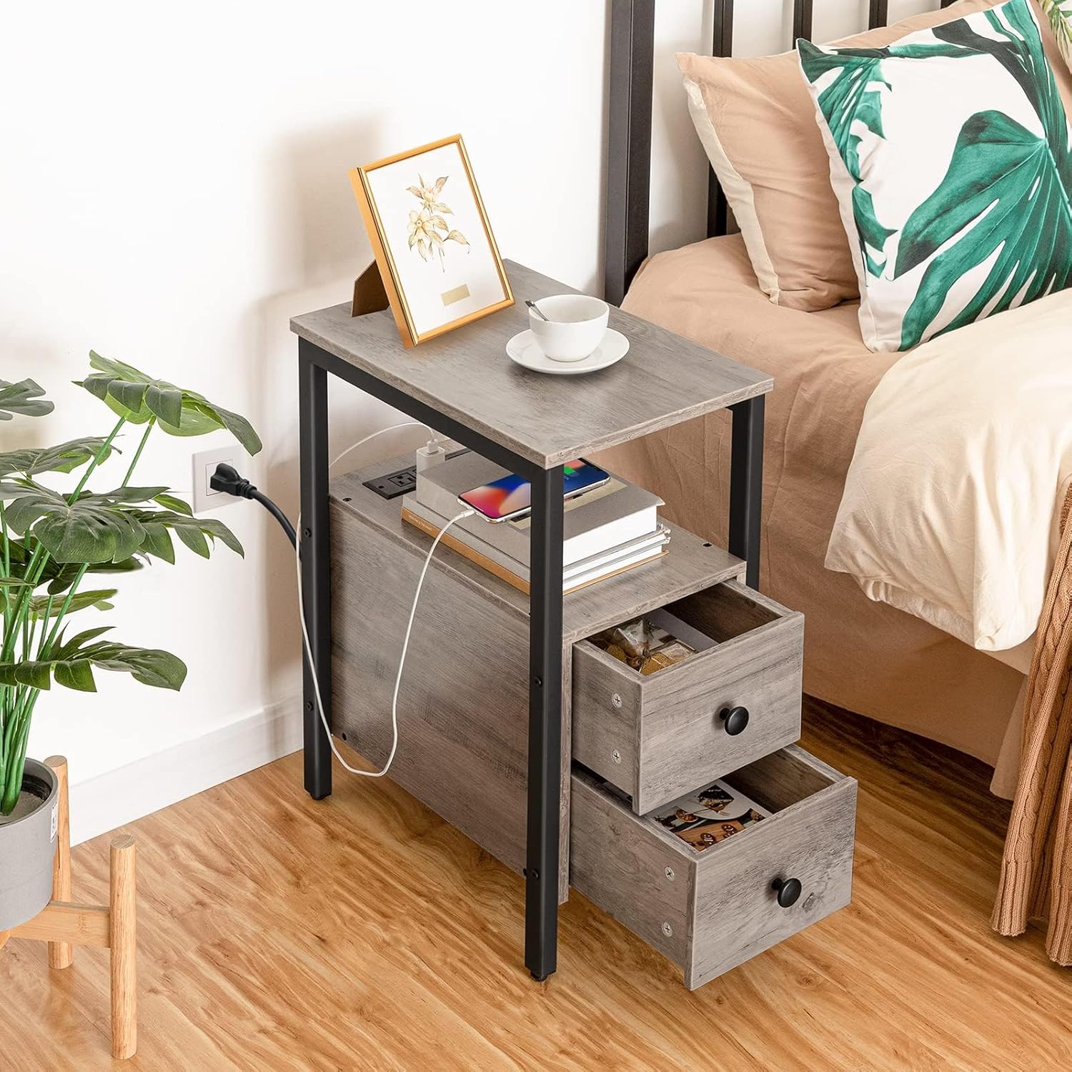 HOOBRO End Table with Charging Station, Narrow Side Table with 2 Drawers, USB & Type-C Ports, Greige & Black BG541BZ01