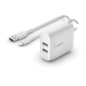 Belkin BoostCharge Dual USB-A Wall Charger 24W + Lightning to USB-A Cable - Power Adapter 