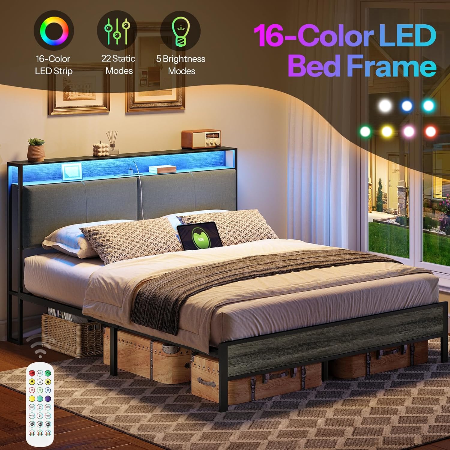 HOOBRO Full Size Bed Frame with Storage Headboard, Charging Station & 16-Color LED Lights, Charcoal Gray