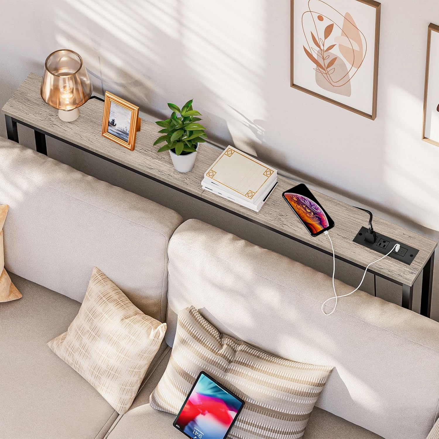 HOOBRO 120 cm Narrow Console Table with Power Outlets, Skinny Behind Couch Table with USB & Type-C Charging Station, Greige BG15XG01G1