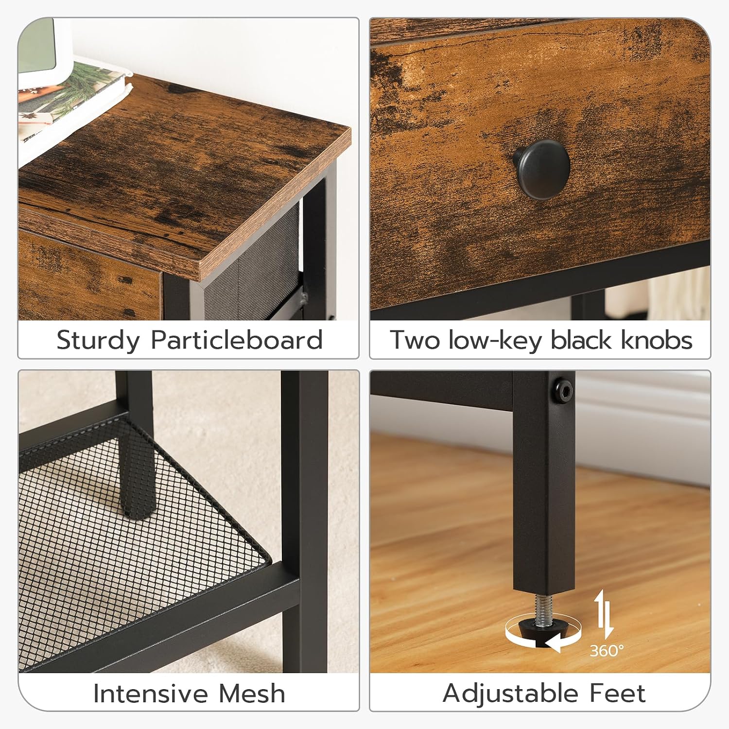 HOOBRO 75 cm Narrow Console Table with 2 Fabric Drawers, 3-Tier Entryway Storage Table, Rustic Brown & Black