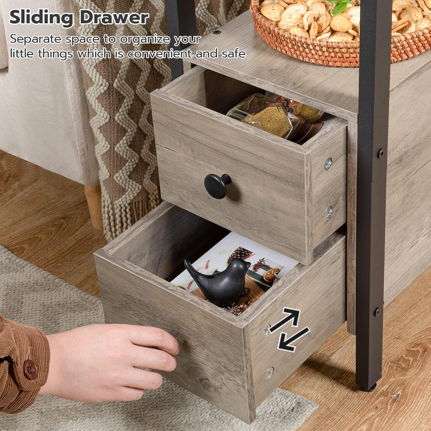 HOOBRO End Table with Charging Station, Narrow Side Table with 2 Drawers, USB & Type-C Ports, Greige & Black BG541BZ01
