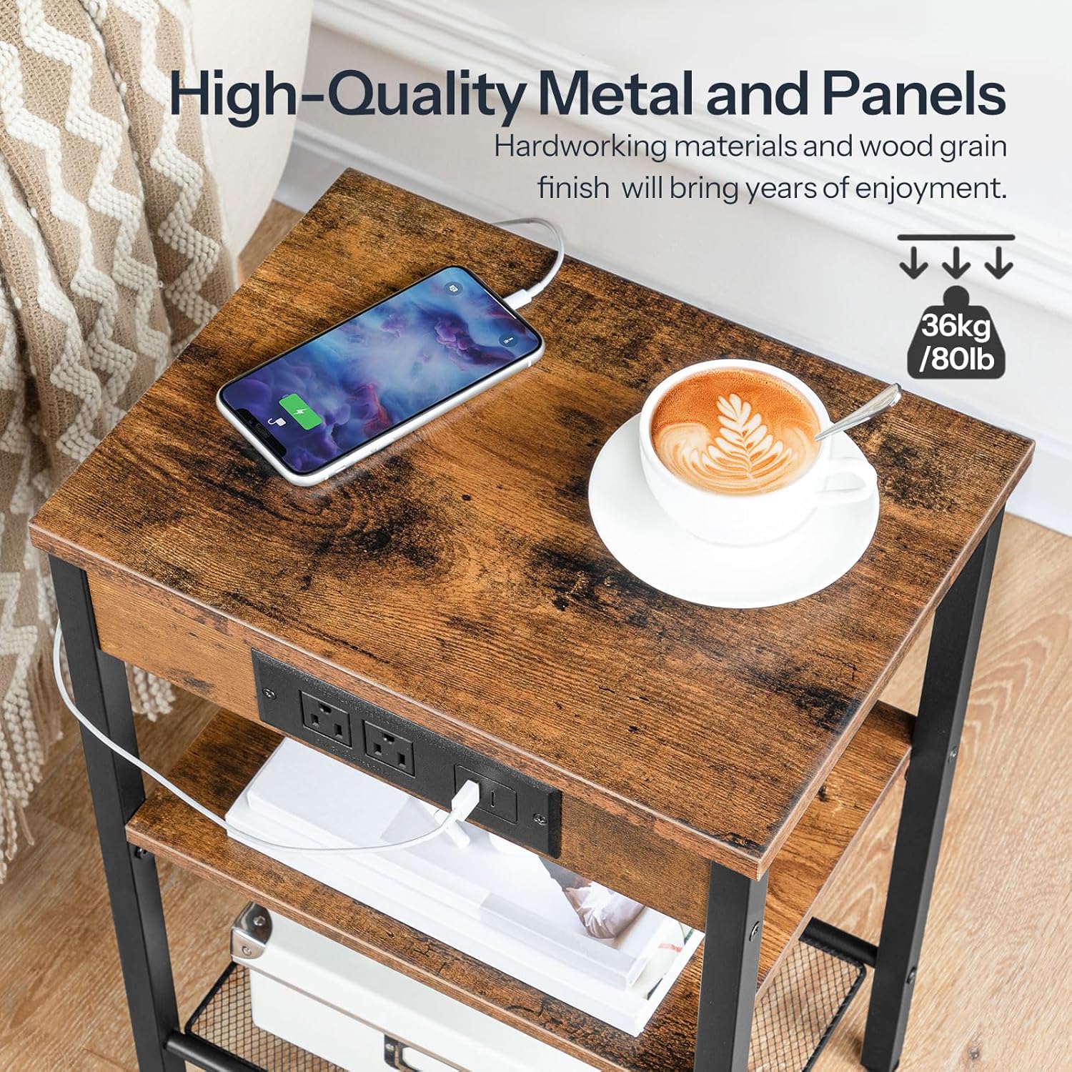 HOOBRO End Table with Charging Station, 3-Tier Nightstand with Adjustable Shelf, Rustic Brown BF112BZ01
