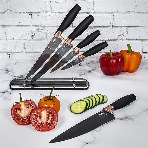 6 Pcs Kitchen Knife Set with Acrylic Block - Super-Sharp Steel Knives with Non-Stick Coating - Chef, Bread, Carving, Utility, Paring Knives - Stylish Cooking Tools with Black, Rose Gold Handle 