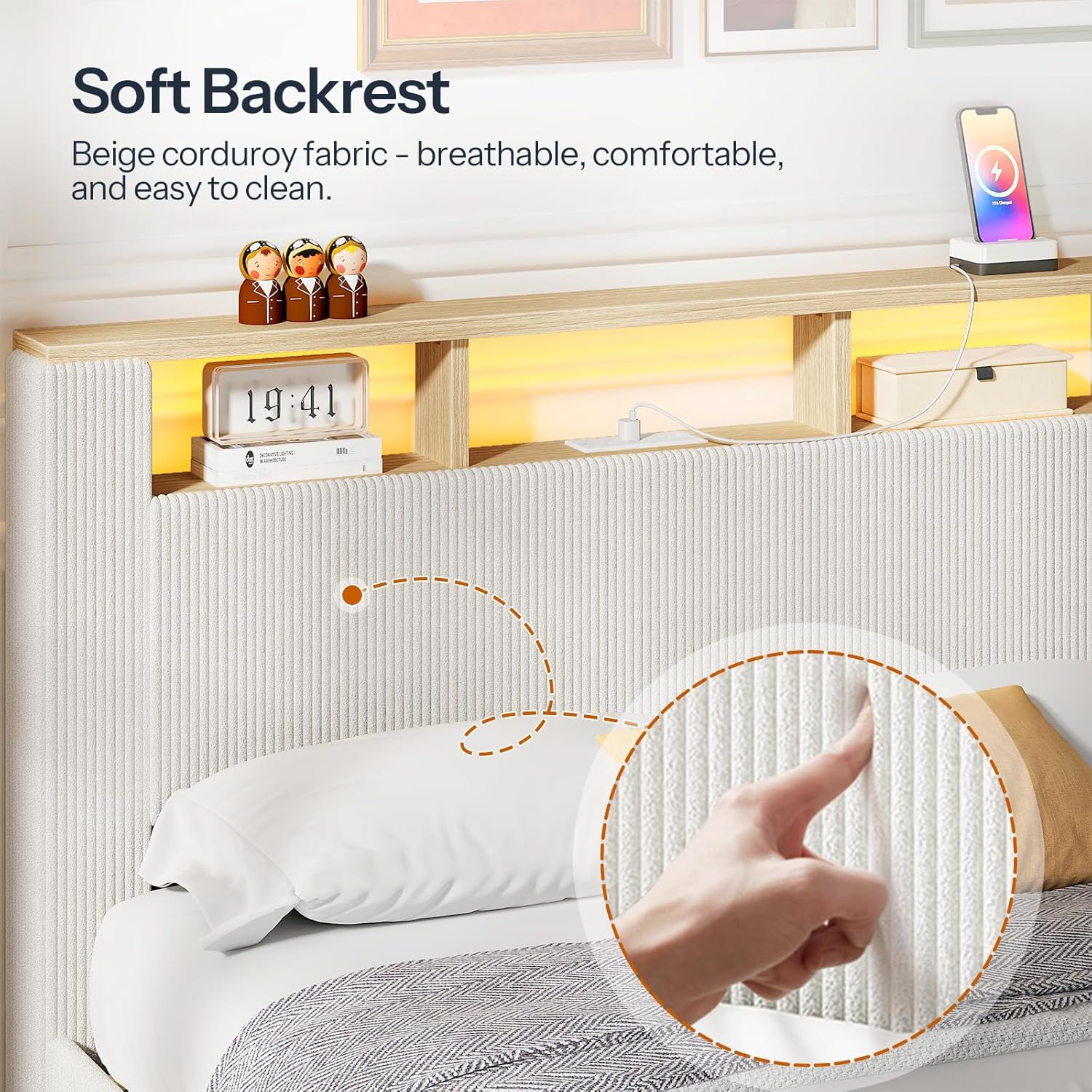 HOOBRO Full Bed Frame with Charging Station, LED Lights & Storage Headboard, Upholstered Corduroy Platform Bed, Beige