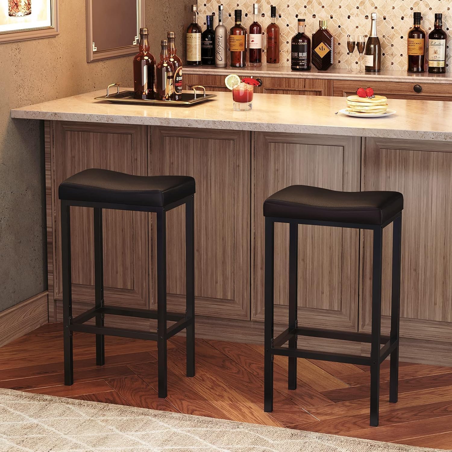 HOOBRO Bar Stools Set of 2, Counter Height Saddle Bar Chairs with PU Leather Cushioned Seats, Black