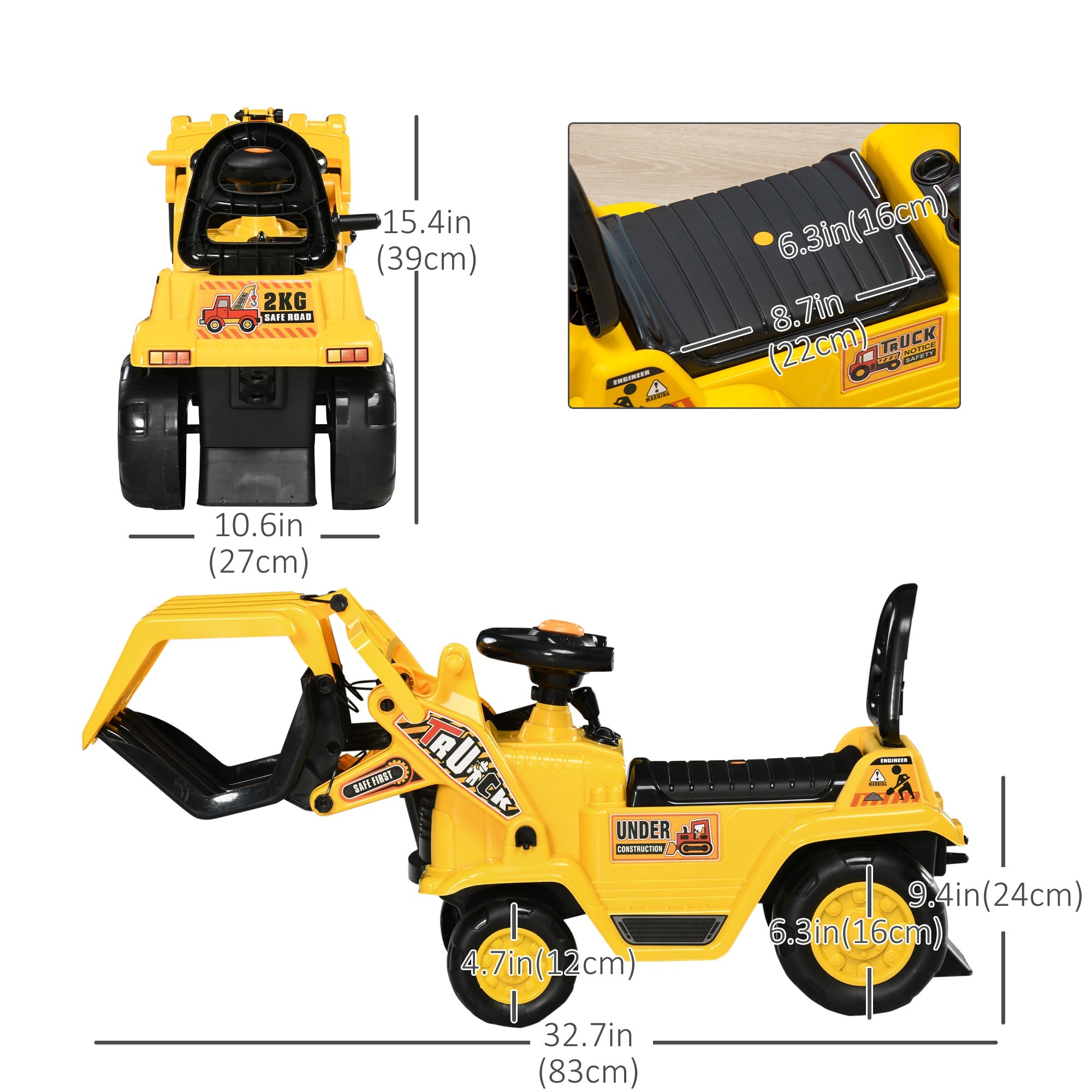 Aosom Ride On Excavator Toy No Power Digger Realistic Sound Grabber Under Seat Storage for 3-4 Years Old 