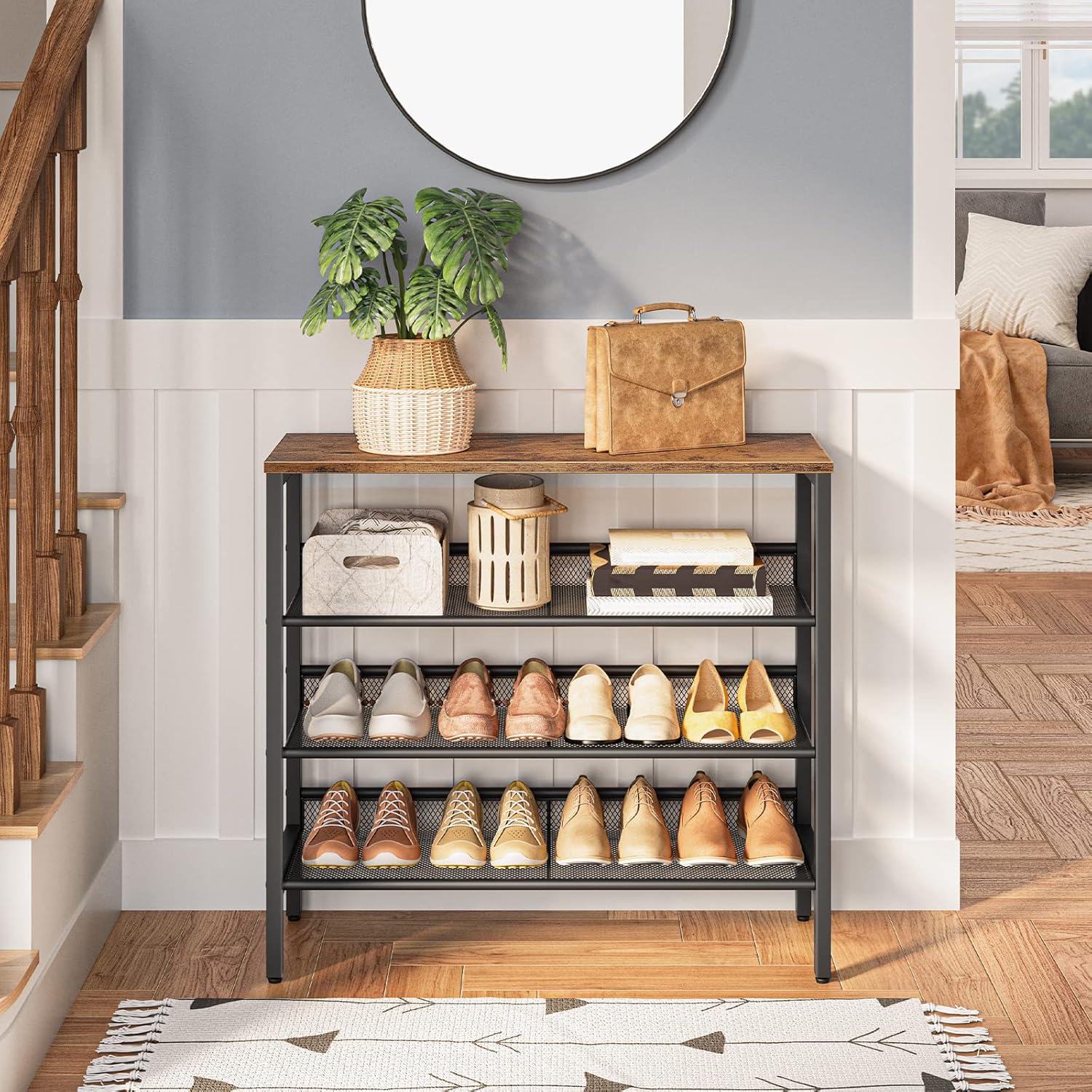 HOOBRO Industrial 4-Tier Shoe Rack with 3 Mesh Shelves and Rustic Wood Look Top, BF14XJ01