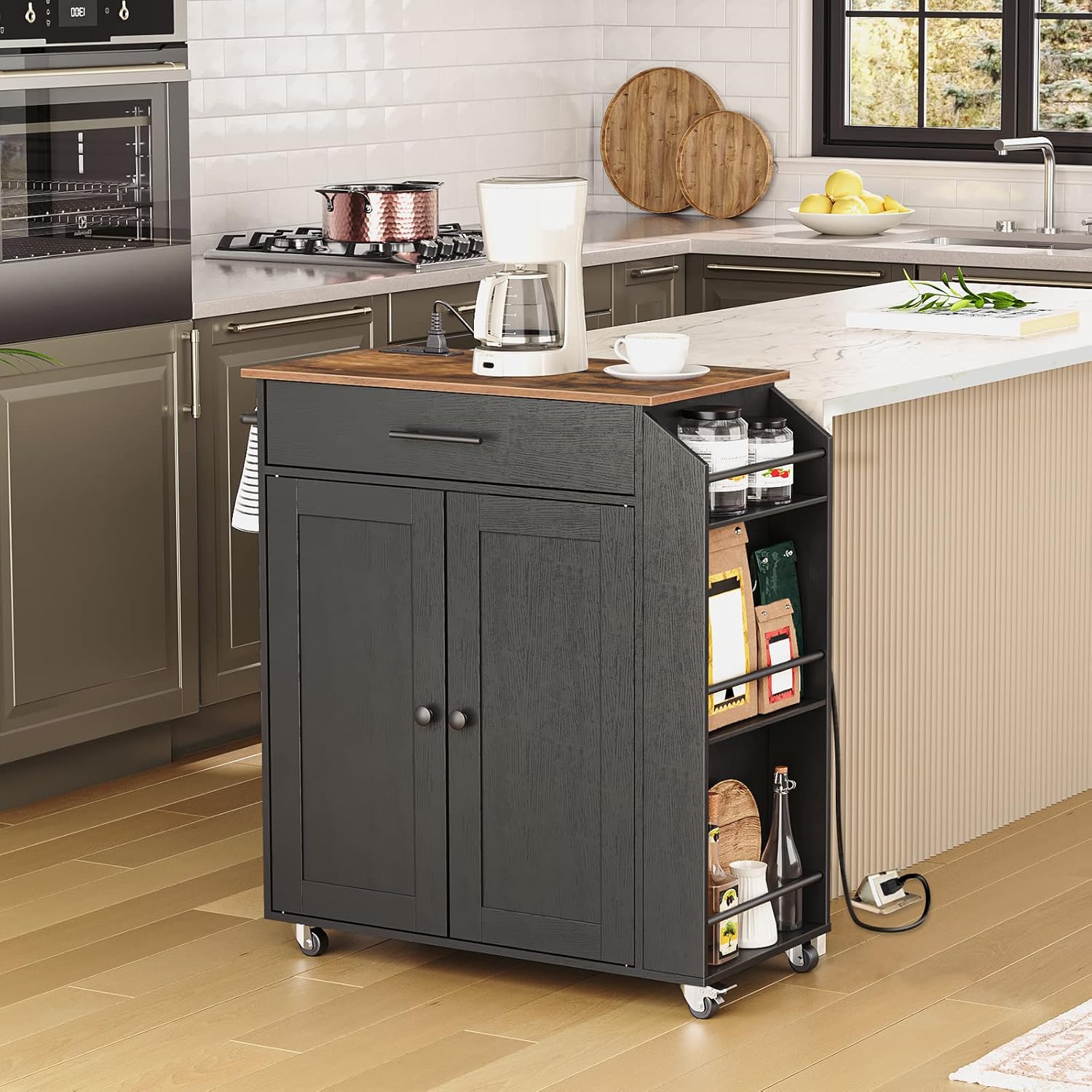 HOOBRO Kitchen Island Cart with Power Outlet, Rolling Kitchen Storage Cabinet with Drawer, Spice Rack & Adjustable Shelf, Rustic Brown BF82UZD01G1