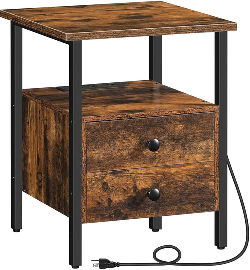 HOOBRO End Table with Charging Station, Nightstand with 2 Drawers, USB Ports & Power Outlets, Bedside Table for Bedroom & Living Room, Rustic Brown BF43UBZ01