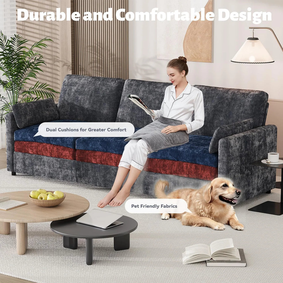 89-Inch Modern Chenille Sofa with 2 Removable Pillows, Deep Seat Cushions, Black