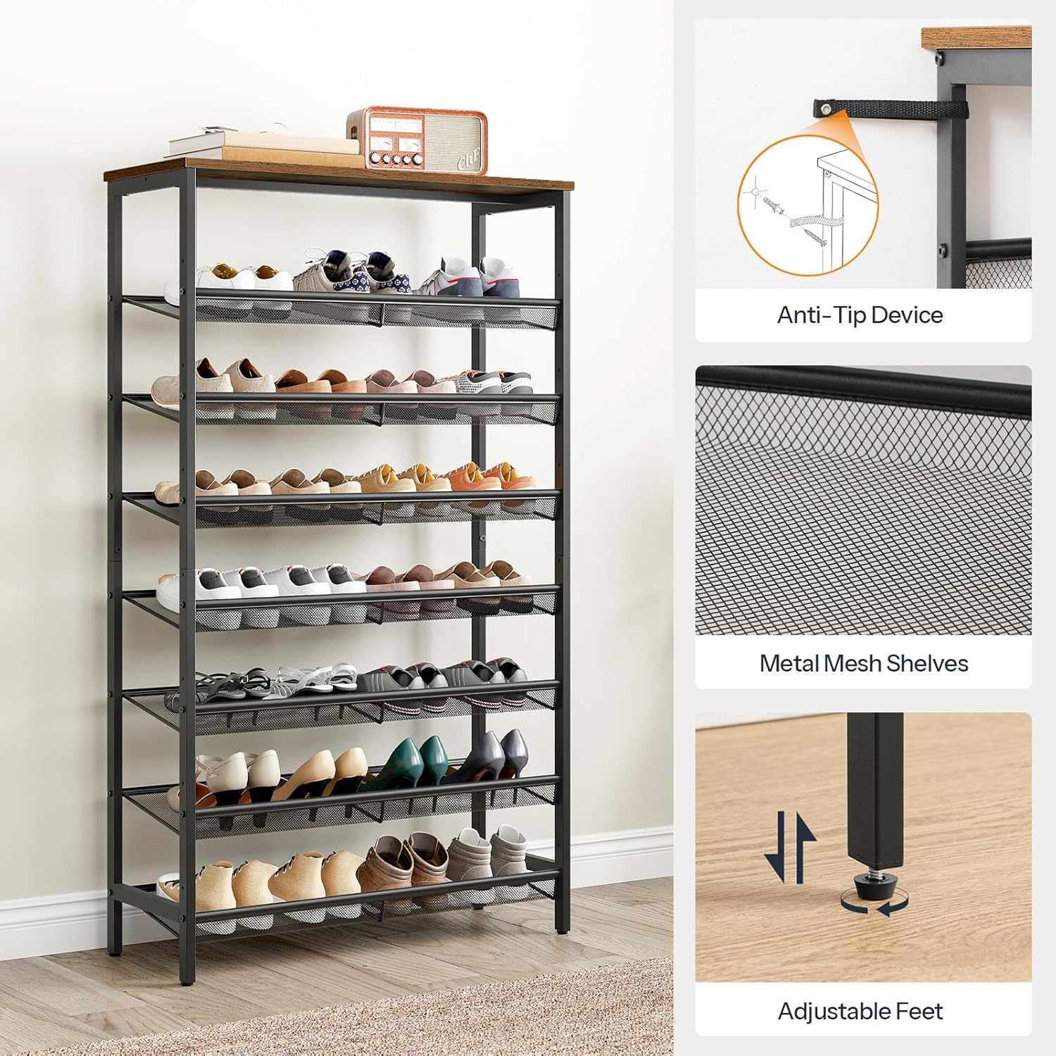 HOOBRO 8-Tier Shoe Rack, Large Capacity Shoe Storage Organizer for 21-28 Pairs, Industrial Metal Shoe Shelf, BF18XJ01