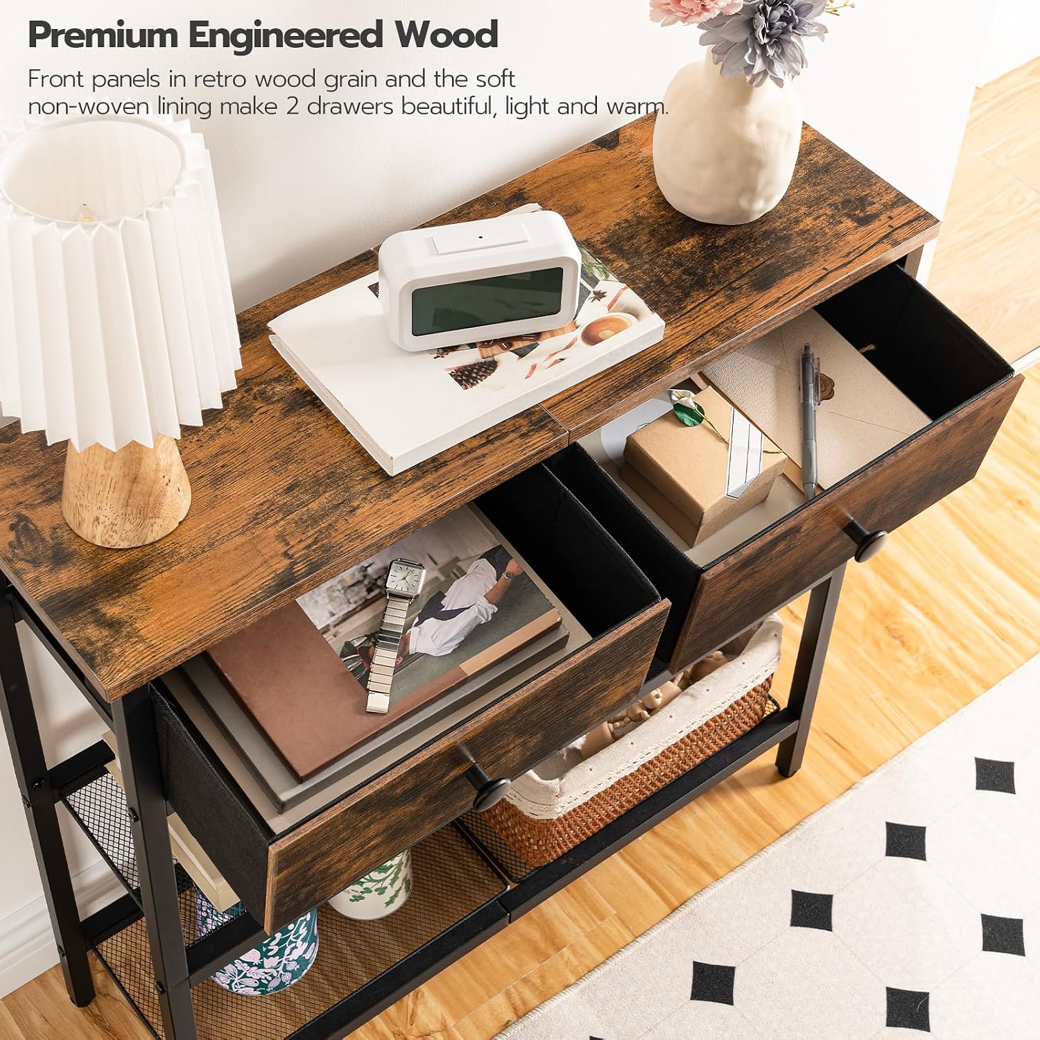 HOOBRO 75 cm Narrow Console Table with 2 Fabric Drawers, 3-Tier Entryway Storage Table, Rustic Brown & Black