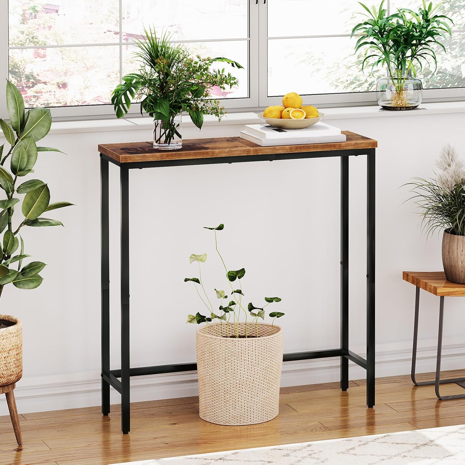 HOOBRO Narrow Console Table 75 cm Entryway Table, Small Sofa Side Table, Rustic Brown & Black BF75XG01