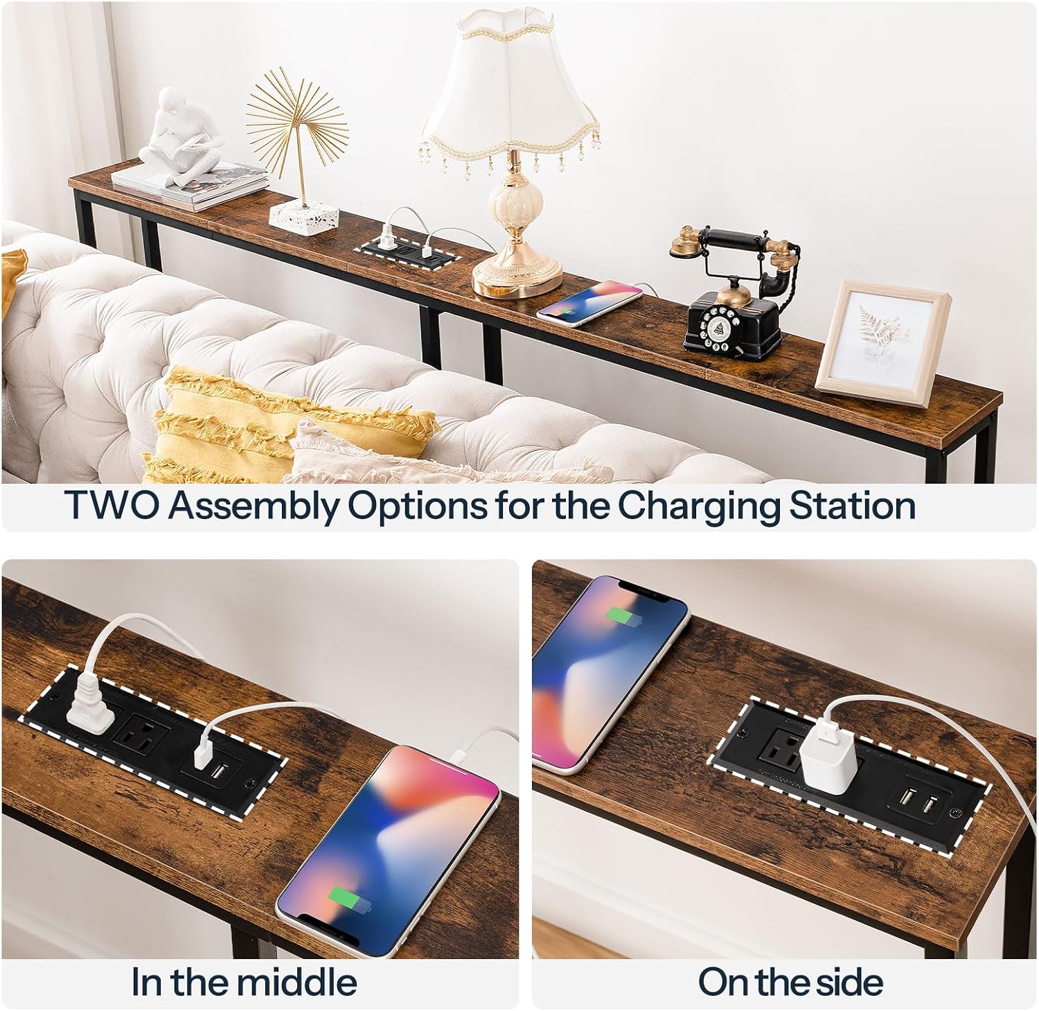 HOOBRO 70.9" Skinny Console Table with Charging Station, Narrow Sofa Table with USB & Type-C Ports, Rustic Brown