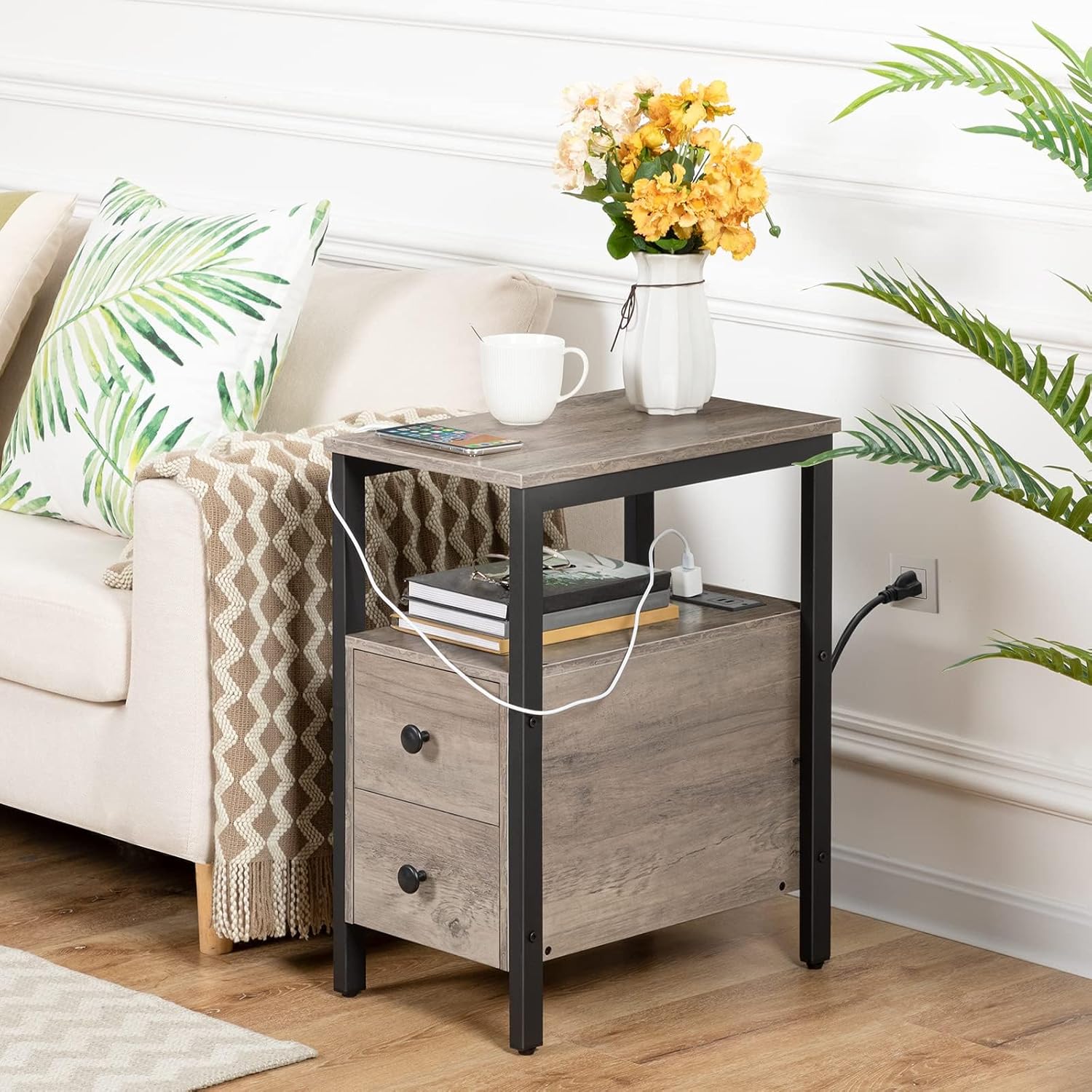 HOOBRO End Table with Charging Station, Narrow Side Table with 2 Drawers, USB & Type-C Ports, Greige & Black BG541BZ01