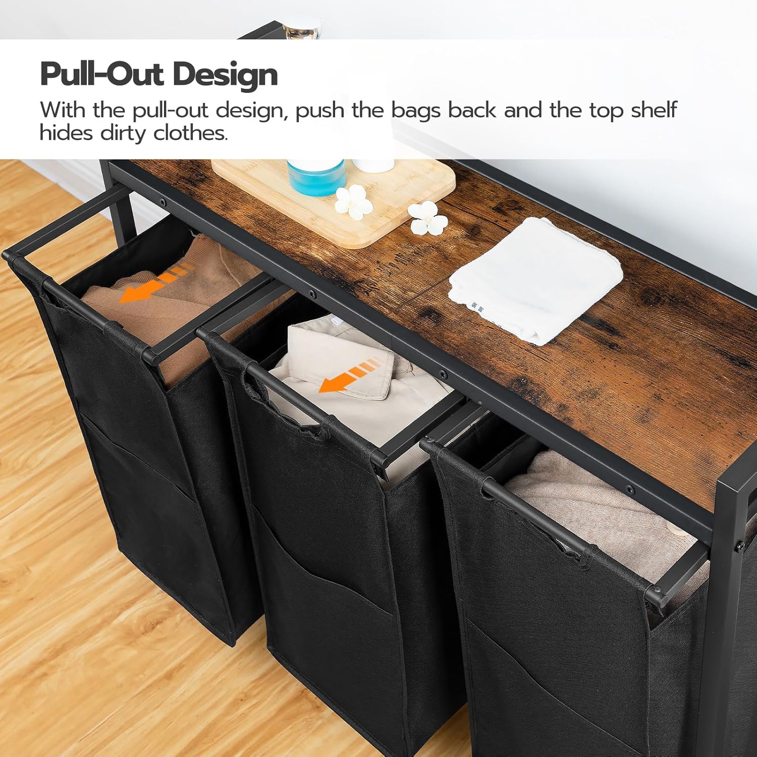 HOOBRO 3-Section Laundry Sorter with Wheels, 130L Rolling Laundry Hamper with Removable Oxford Fabric Bags, Rustic Brown & Black BF76XY01