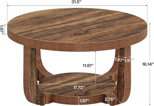 31.5" Round Coffee Table with 2-Tier Storage, Modern Farmhouse Circle Center Table with Thick Wood Top & Rustic Brown Finish