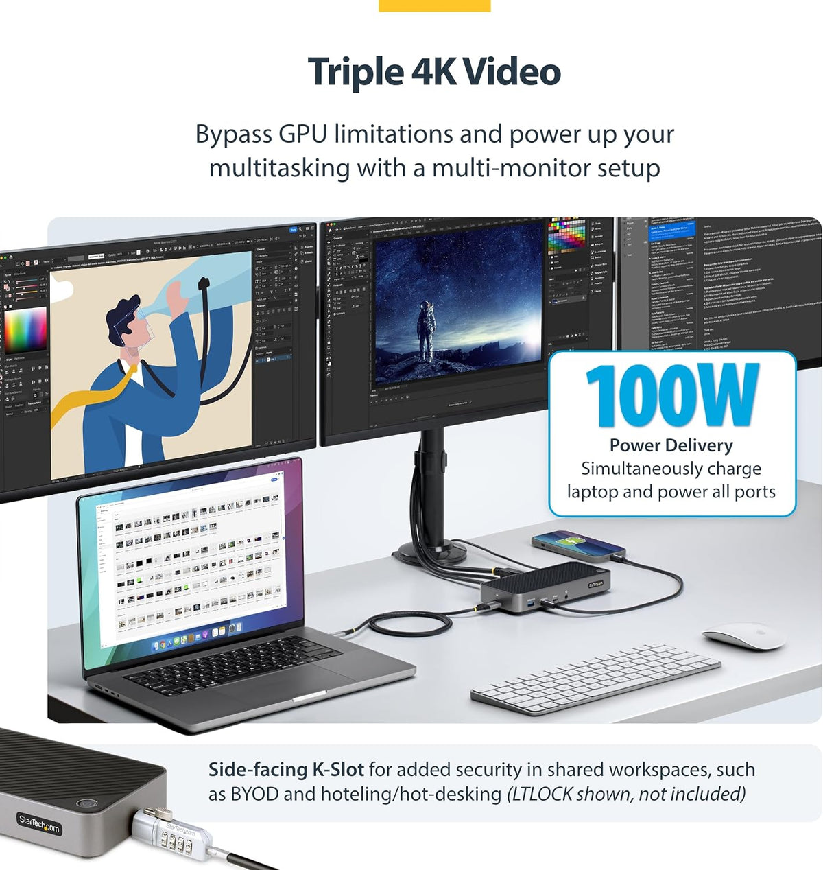StarTech USB-C Triple 4K Monitor Docking Station, 100W Power Delivery, HDMI & DisplayPort, USB-C, Ethernet