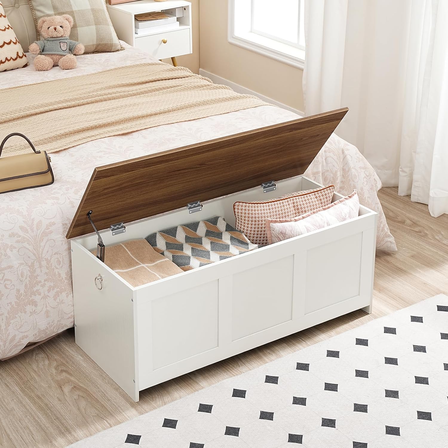 HOOBRO Storage Bench with Lift-Top Storage Chest, 100 cm Retro Wooden Toy Box Organizer, White & Walnut