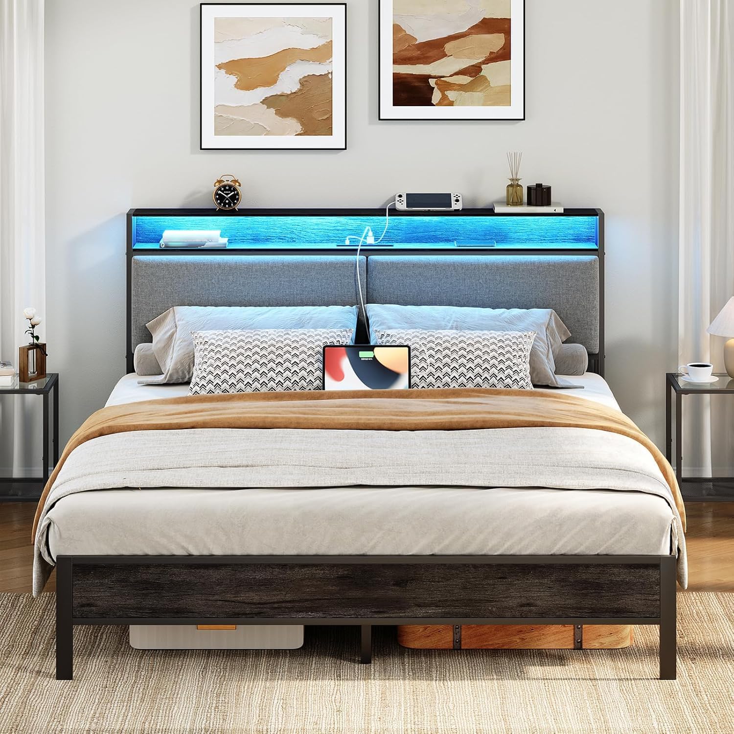 HOOBRO Queen Size Bed Frame with Storage Headboard, Charging Station & 16-Color LED Lights, Charcoal Gray