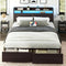 HOOBRO Full Size LED Bed Frame with Charging Station, Storage Headboard & 2 Drawers, Black