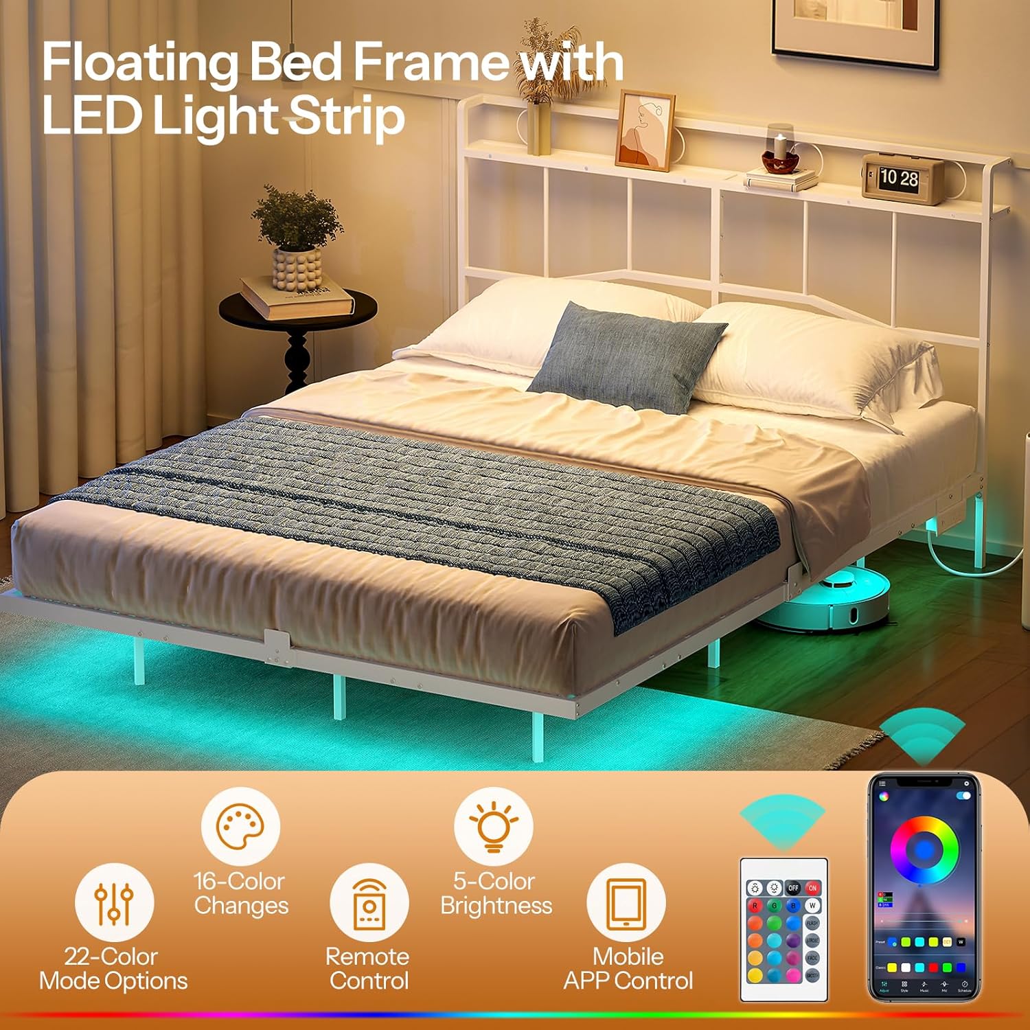 HOOBRO Full Size Floating Bed Frame with Charging Station, LED Light Strip & Headboard, White