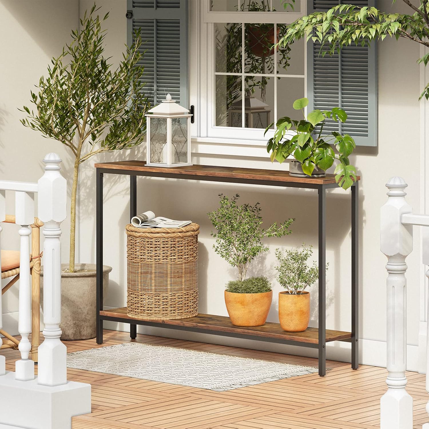 HOOBRO 120 cm Narrow Console Table with Storage Shelf, Industrial Sofa Table for Entryway, Hallway & Living Room, Rustic Brown BF20XG01G1