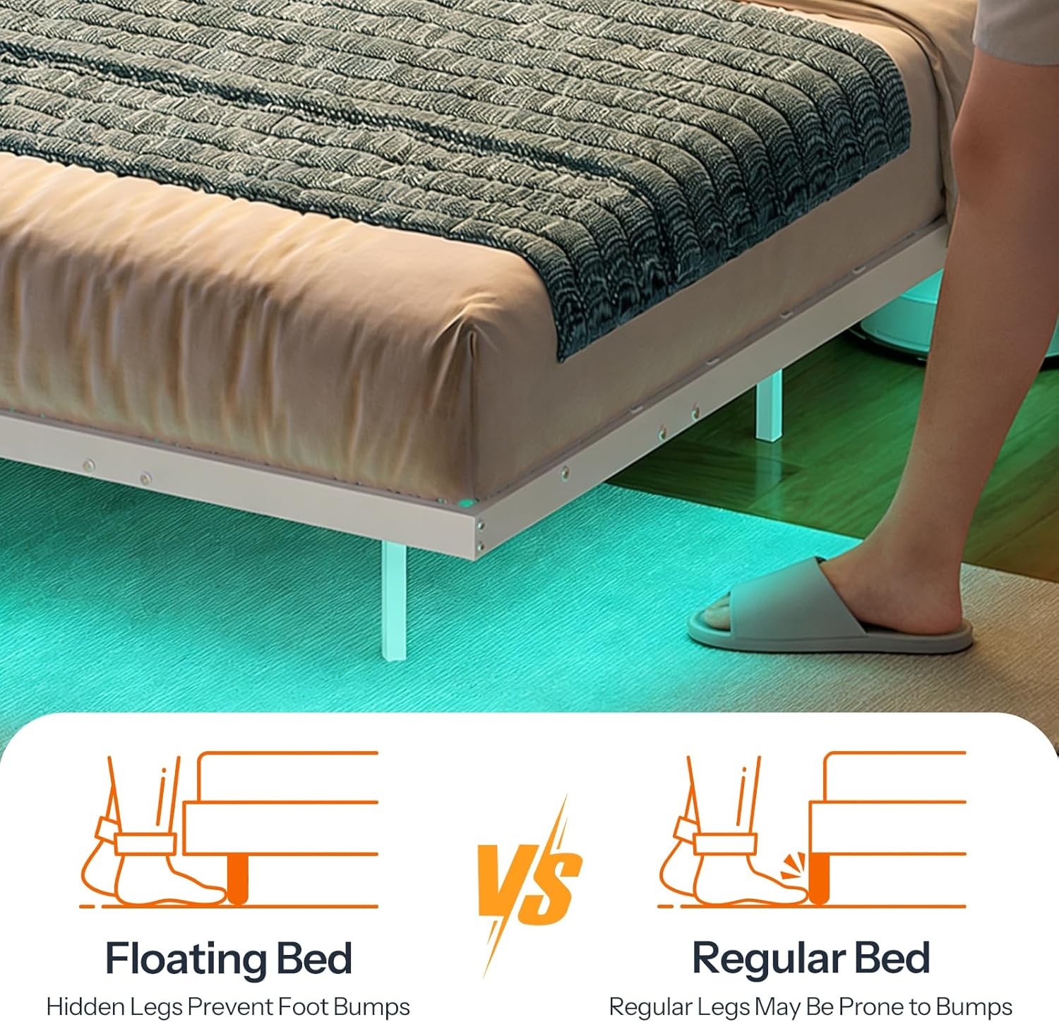 HOOBRO Full Size Floating Bed Frame with Charging Station, LED Light Strip & Headboard, White