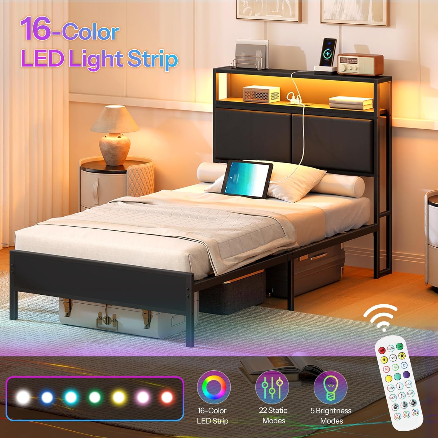 HOOBRO Twin Bed Frame with Storage Headboard, Charging Station & 16-Color LED Lights, Black