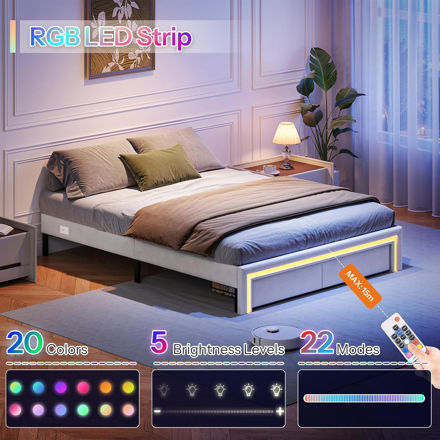 HOOBRO Queen Bed Frame with LED Lights, Charging Station & 2 Storage Drawers, Upholstered Platform Bed, Cream White