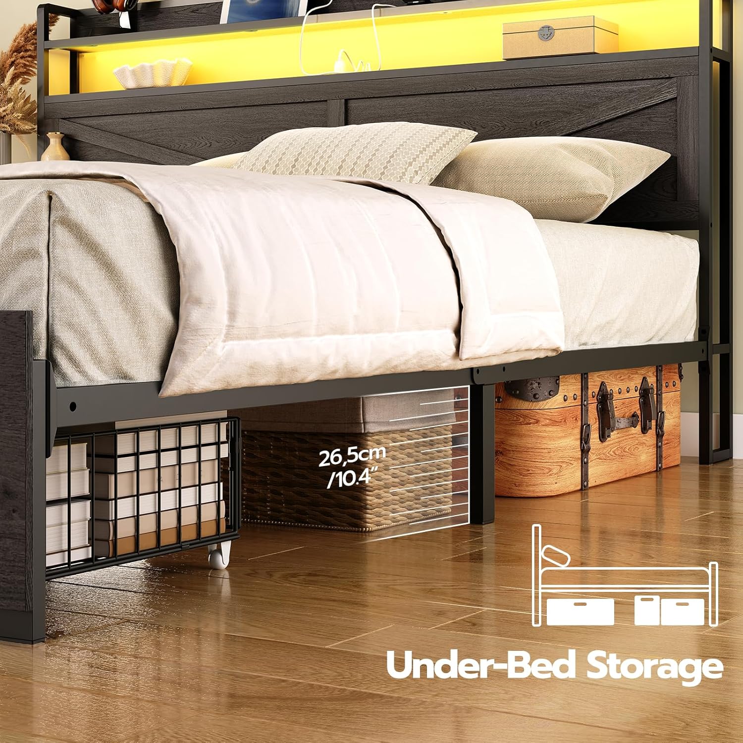 HOOBRO Queen Size LED Bed Frame with Charging Station, Storage Headboard & 2 Drawers, Black