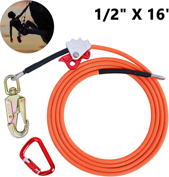 Steel Wire Core Flipline 1/2" x 16' – Adjustable Tree Climbing Flip Line Kit