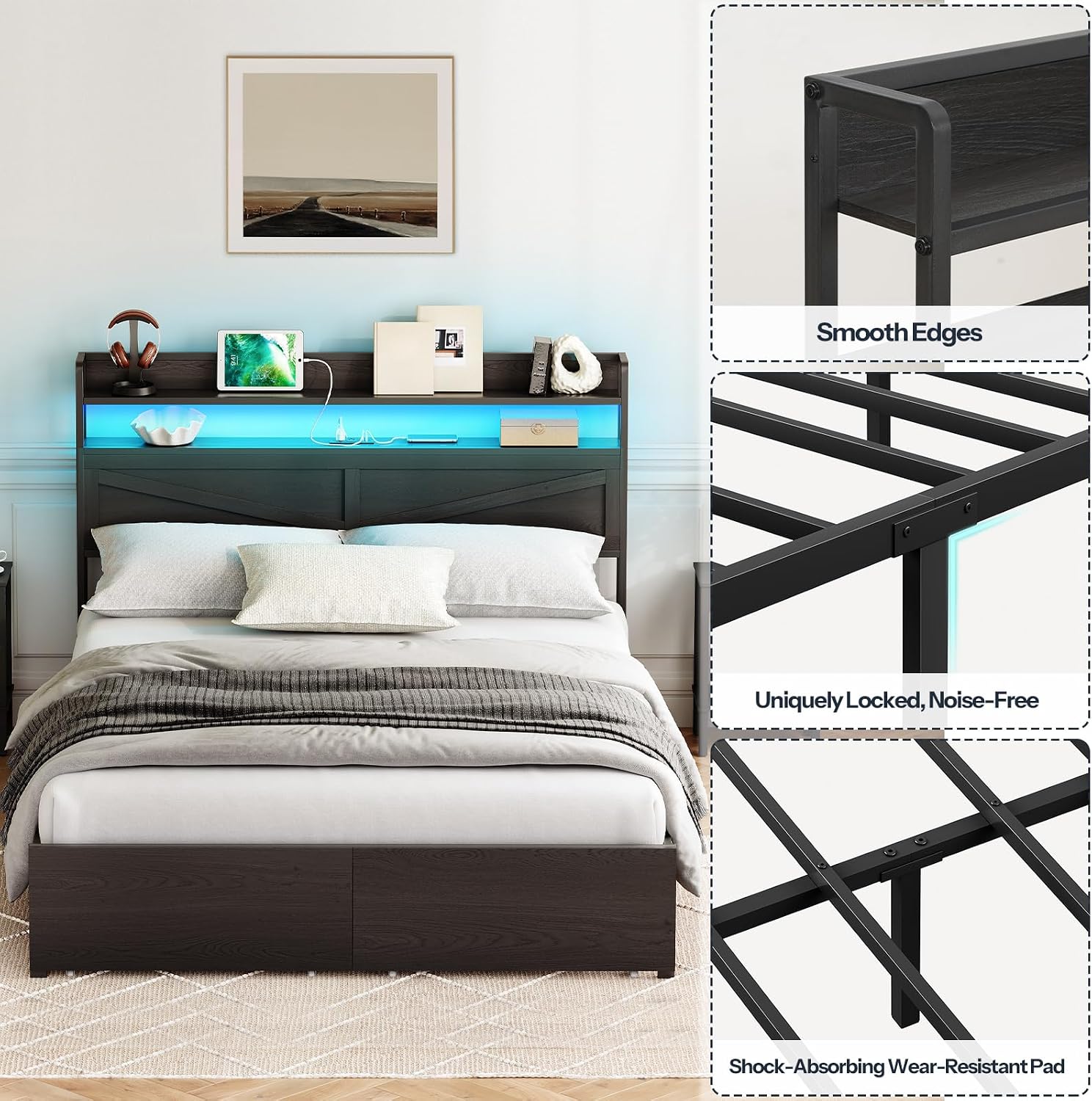 HOOBRO Queen Size LED Bed Frame with Charging Station, Storage Headboard & 2 Drawers, Black