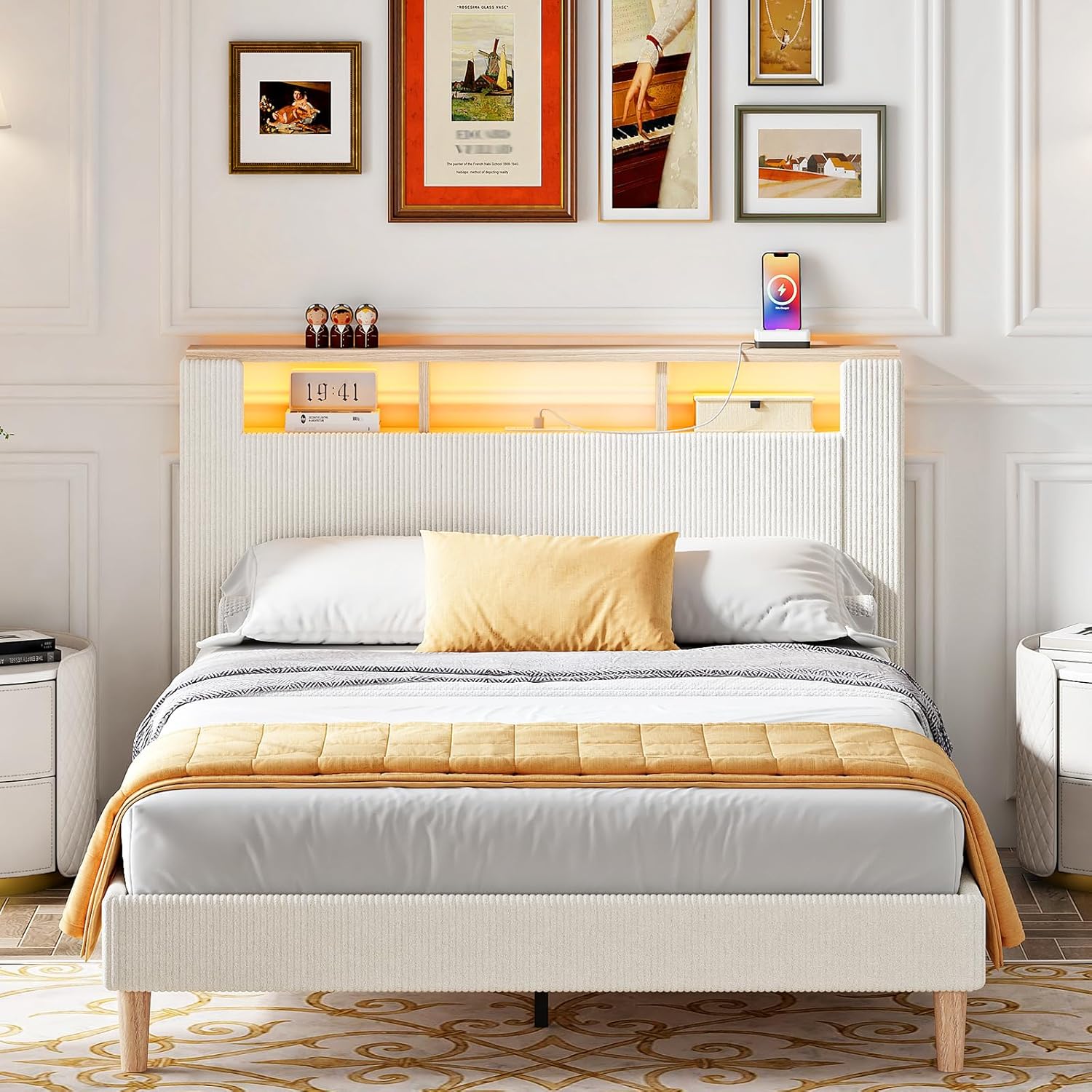 HOOBRO Full Bed Frame with Charging Station, LED Lights & Storage Headboard, Upholstered Corduroy Platform Bed, Beige