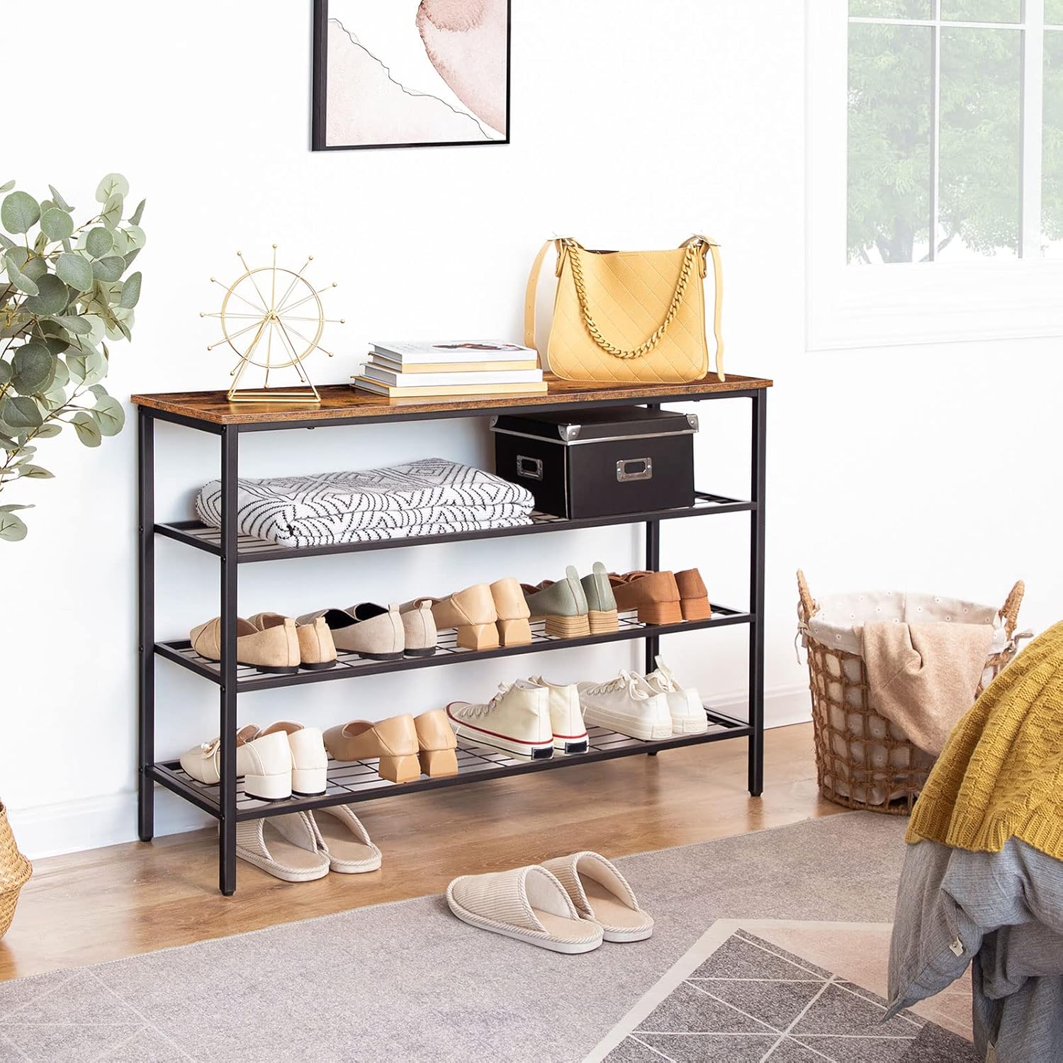 HOOBRO 4-Tier Industrial Shoe Rack Storage Organizer with Metal Mesh Shelves, Rustic Brown BF04XJ01