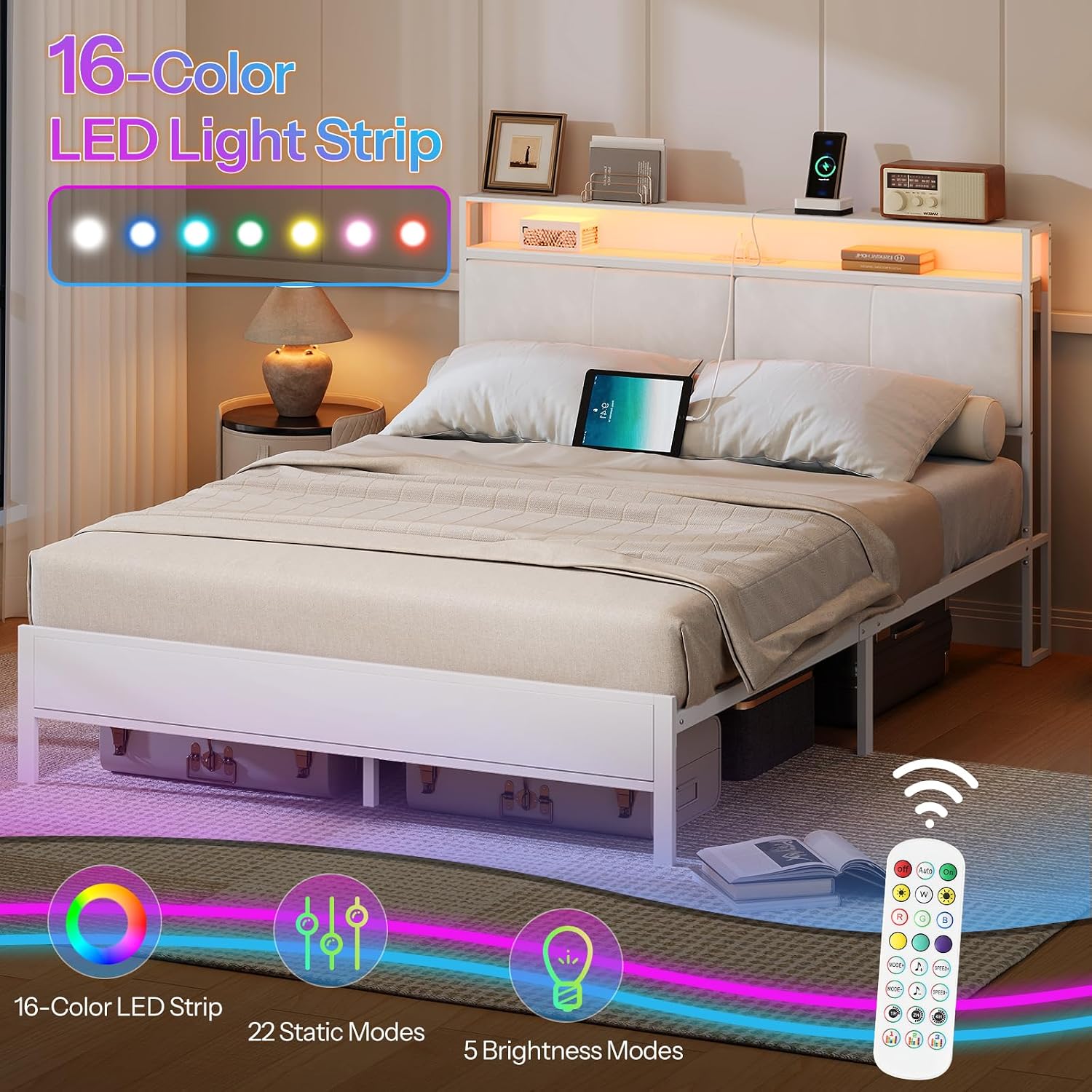 HOOBRO Queen Bed Frame with Charging Station, Storage Headboard & 16-Color LED Lights, White