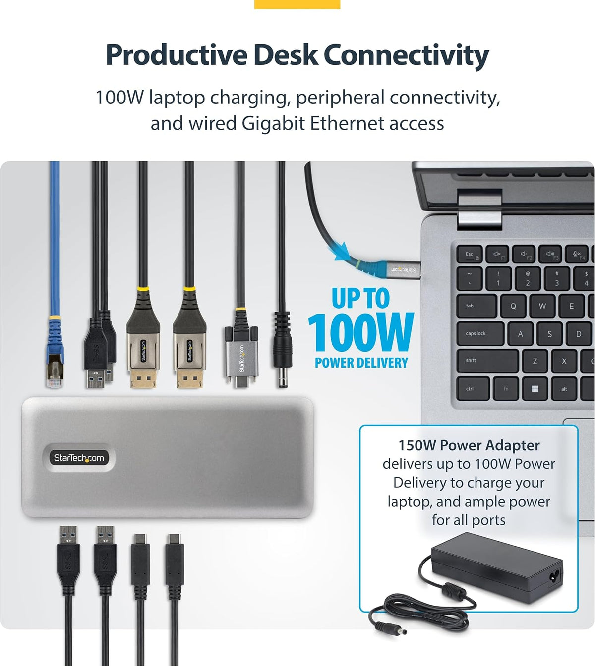 StarTech USB-C Dual 4K 60Hz DisplayPort Docking Station, 100W Power Delivery, 6 USB Ports & Gigabit Ethernet